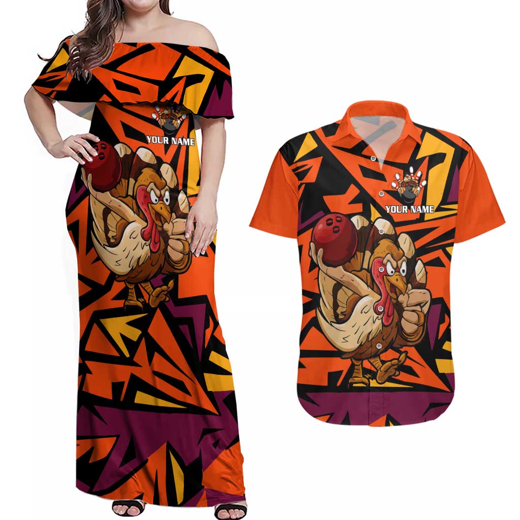Custom Turkey Bowling Couples Matching Off Shoulder Maxi Dress and Hawaiian Shirt with Cartoon Turkey Striker and Orange Geometric Pattern - Wonder Print Shop