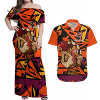Custom Turkey Bowling Couples Matching Off Shoulder Maxi Dress and Hawaiian Shirt with Cartoon Turkey Striker and Orange Geometric Pattern - Wonder Print Shop