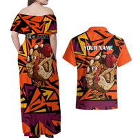 Custom Turkey Bowling Couples Matching Off Shoulder Maxi Dress and Hawaiian Shirt with Cartoon Turkey Striker and Orange Geometric Pattern - Wonder Print Shop