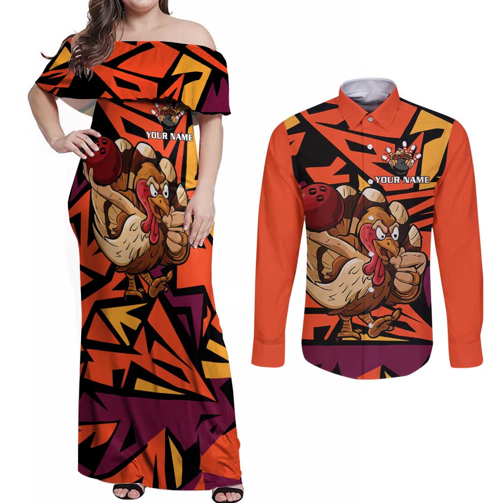 Custom Turkey Bowling Couples Matching Off Shoulder Maxi Dress and Long Sleeve Button Shirt with Cartoon Turkey Striker and Orange Geometric Pattern - Wonder Print Shop