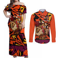 Custom Turkey Bowling Couples Matching Off Shoulder Maxi Dress and Long Sleeve Button Shirt with Cartoon Turkey Striker and Orange Geometric Pattern - Wonder Print Shop