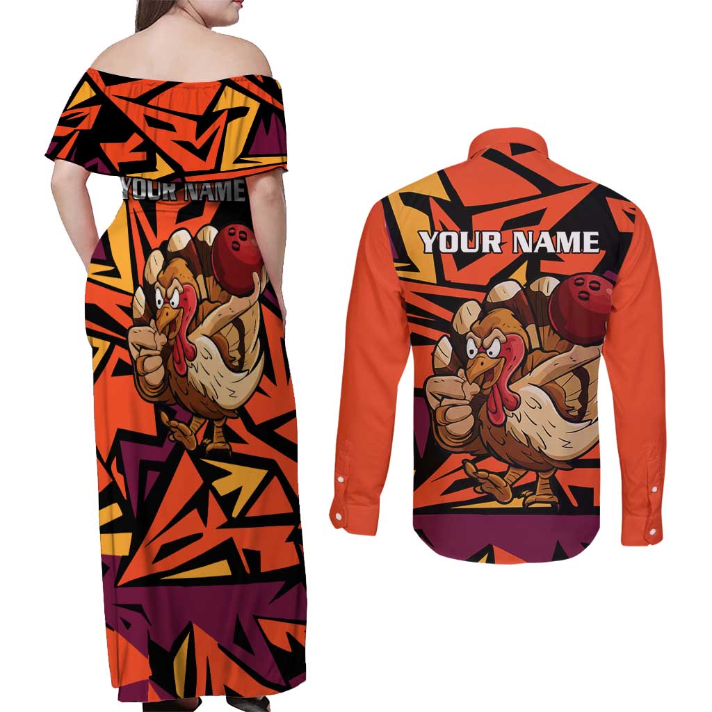 Custom Turkey Bowling Couples Matching Off Shoulder Maxi Dress and Long Sleeve Button Shirt with Cartoon Turkey Striker and Orange Geometric Pattern - Wonder Print Shop