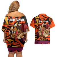 Custom Turkey Bowling Couples Matching Off Shoulder Short Dress and Hawaiian Shirt with Cartoon Turkey Striker and Orange Geometric Pattern - Wonder Print Shop