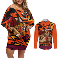 Custom Turkey Bowling Couples Matching Off Shoulder Short Dress and Long Sleeve Button Shirt with Cartoon Turkey Striker and Orange Geometric Pattern - Wonder Print Shop