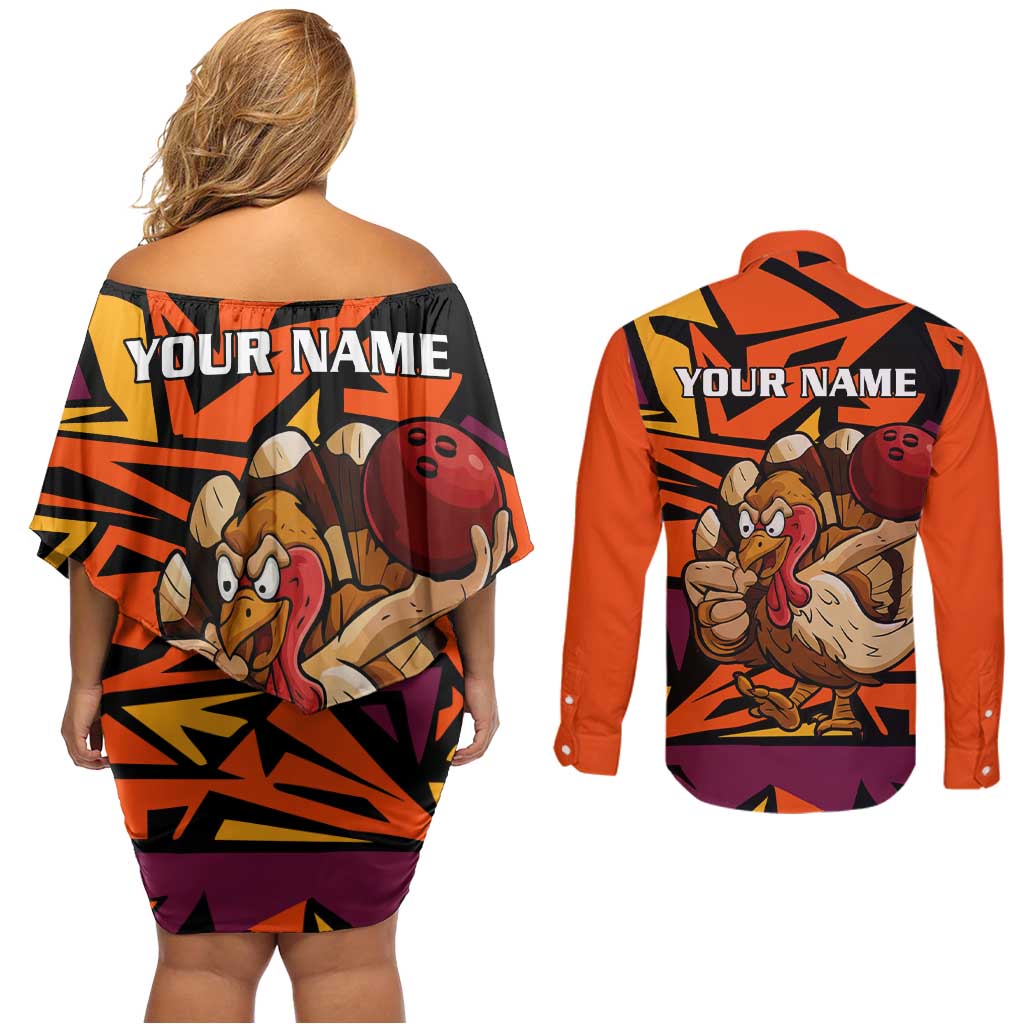 Custom Turkey Bowling Couples Matching Off Shoulder Short Dress and Long Sleeve Button Shirt with Cartoon Turkey Striker and Orange Geometric Pattern - Wonder Print Shop