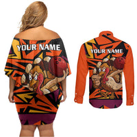 Custom Turkey Bowling Couples Matching Off Shoulder Short Dress and Long Sleeve Button Shirt with Cartoon Turkey Striker and Orange Geometric Pattern - Wonder Print Shop