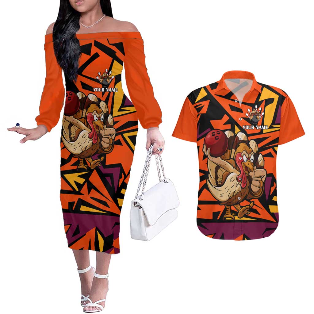 Custom Turkey Bowling Couples Matching Off The Shoulder Long Sleeve Dress and Hawaiian Shirt with Cartoon Turkey Striker and Orange Geometric Pattern - Wonder Print Shop