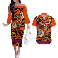 Custom Turkey Bowling Couples Matching Off The Shoulder Long Sleeve Dress and Hawaiian Shirt with Cartoon Turkey Striker and Orange Geometric Pattern - Wonder Print Shop