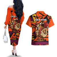 Custom Turkey Bowling Couples Matching Off The Shoulder Long Sleeve Dress and Hawaiian Shirt with Cartoon Turkey Striker and Orange Geometric Pattern - Wonder Print Shop