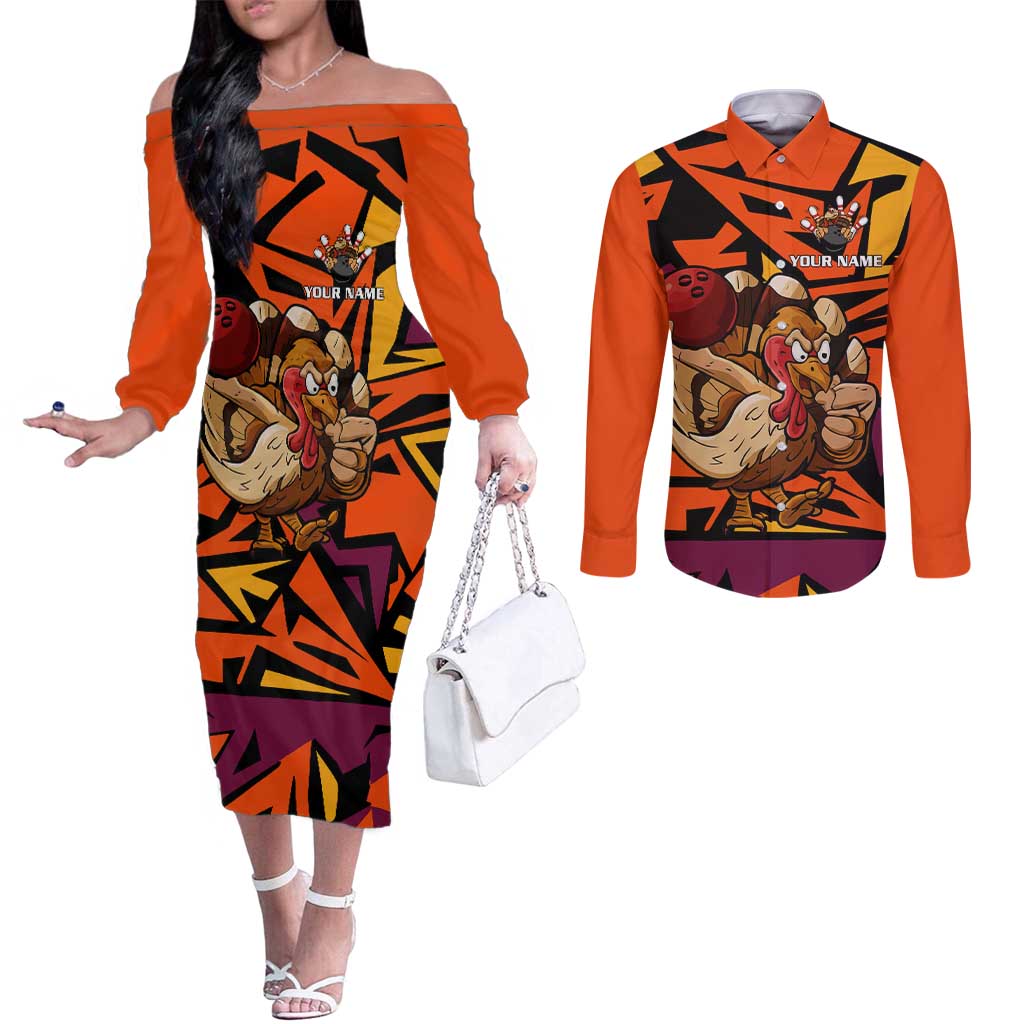 Custom Turkey Bowling Couples Matching Off The Shoulder Long Sleeve Dress and Long Sleeve Button Shirt with Cartoon Turkey Striker and Orange Geometric Pattern - Wonder Print Shop