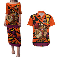 Custom Turkey Bowling Couples Matching Puletasi and Hawaiian Shirt with Cartoon Turkey Striker and Orange Geometric Pattern - Wonder Print Shop