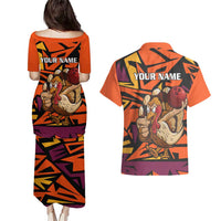 Custom Turkey Bowling Couples Matching Puletasi and Hawaiian Shirt with Cartoon Turkey Striker and Orange Geometric Pattern - Wonder Print Shop