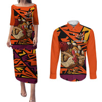 Custom Turkey Bowling Couples Matching Puletasi and Long Sleeve Button Shirt with Cartoon Turkey Striker and Orange Geometric Pattern - Wonder Print Shop