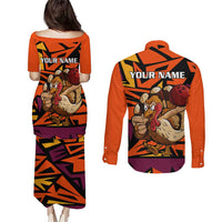 Custom Turkey Bowling Couples Matching Puletasi and Long Sleeve Button Shirt with Cartoon Turkey Striker and Orange Geometric Pattern - Wonder Print Shop