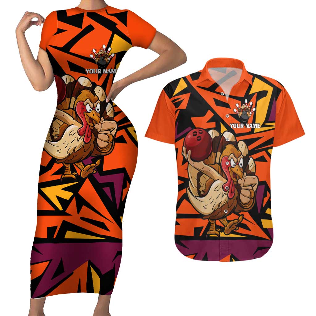 Custom Turkey Bowling Couples Matching Short Sleeve Bodycon Dress and Hawaiian Shirt with Cartoon Turkey Striker and Orange Geometric Pattern - Wonder Print Shop