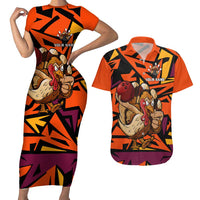 Custom Turkey Bowling Couples Matching Short Sleeve Bodycon Dress and Hawaiian Shirt with Cartoon Turkey Striker and Orange Geometric Pattern - Wonder Print Shop