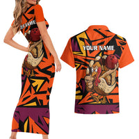 Custom Turkey Bowling Couples Matching Short Sleeve Bodycon Dress and Hawaiian Shirt with Cartoon Turkey Striker and Orange Geometric Pattern - Wonder Print Shop