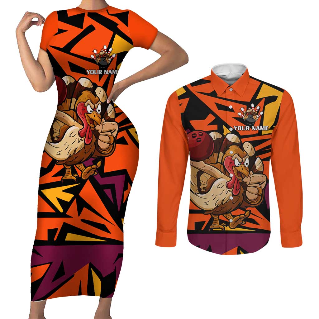 Custom Turkey Bowling Couples Matching Short Sleeve Bodycon Dress and Long Sleeve Button Shirt with Cartoon Turkey Striker and Orange Geometric Pattern - Wonder Print Shop