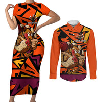 Custom Turkey Bowling Couples Matching Short Sleeve Bodycon Dress and Long Sleeve Button Shirt with Cartoon Turkey Striker and Orange Geometric Pattern - Wonder Print Shop