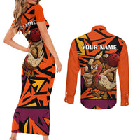 Custom Turkey Bowling Couples Matching Short Sleeve Bodycon Dress and Long Sleeve Button Shirt with Cartoon Turkey Striker and Orange Geometric Pattern - Wonder Print Shop