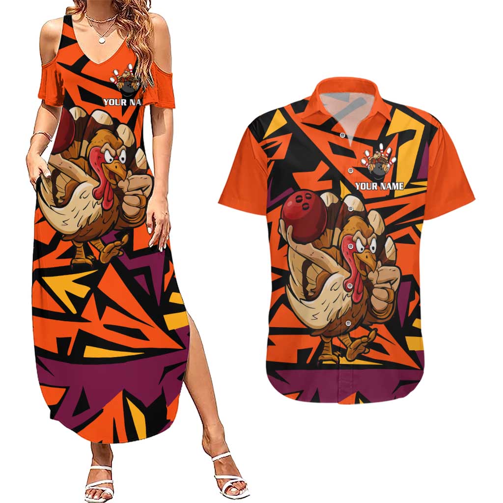 Custom Turkey Bowling Couples Matching Summer Maxi Dress and Hawaiian Shirt with Cartoon Turkey Striker and Orange Geometric Pattern - Wonder Print Shop