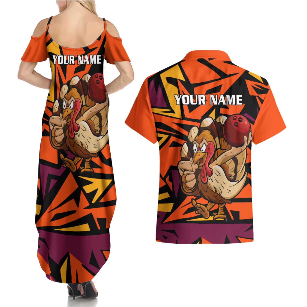 Custom Turkey Bowling Couples Matching Summer Maxi Dress and Hawaiian Shirt with Cartoon Turkey Striker and Orange Geometric Pattern - Wonder Print Shop