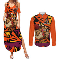 Custom Turkey Bowling Couples Matching Summer Maxi Dress and Long Sleeve Button Shirt with Cartoon Turkey Striker and Orange Geometric Pattern - Wonder Print Shop