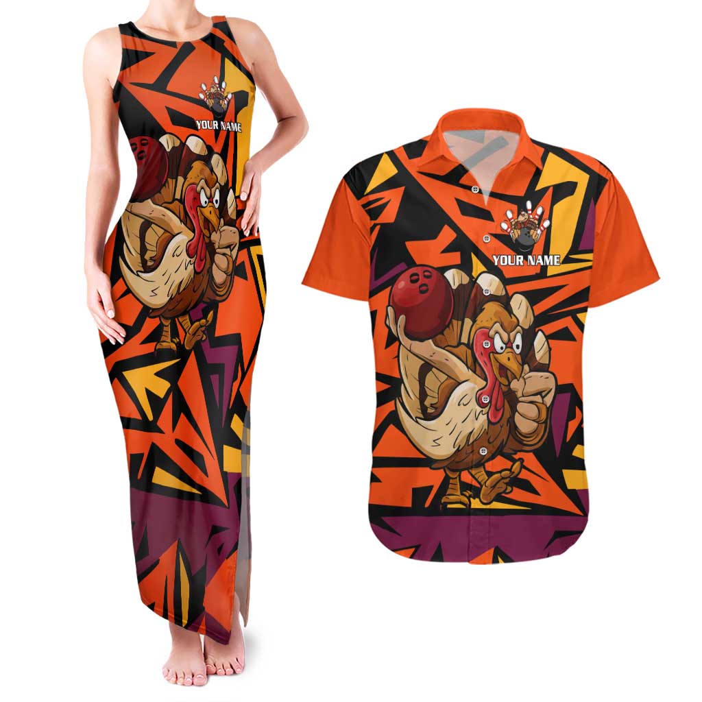 Custom Turkey Bowling Couples Matching Tank Maxi Dress and Hawaiian Shirt with Cartoon Turkey Striker and Orange Geometric Pattern - Wonder Print Shop
