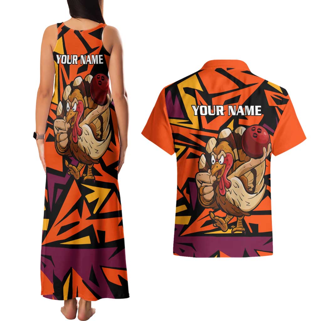 Custom Turkey Bowling Couples Matching Tank Maxi Dress and Hawaiian Shirt with Cartoon Turkey Striker and Orange Geometric Pattern - Wonder Print Shop