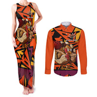 Custom Turkey Bowling Couples Matching Tank Maxi Dress and Long Sleeve Button Shirt with Cartoon Turkey Striker and Orange Geometric Pattern - Wonder Print Shop