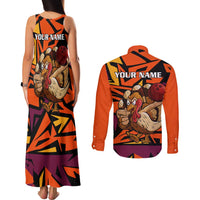 Custom Turkey Bowling Couples Matching Tank Maxi Dress and Long Sleeve Button Shirt with Cartoon Turkey Striker and Orange Geometric Pattern - Wonder Print Shop