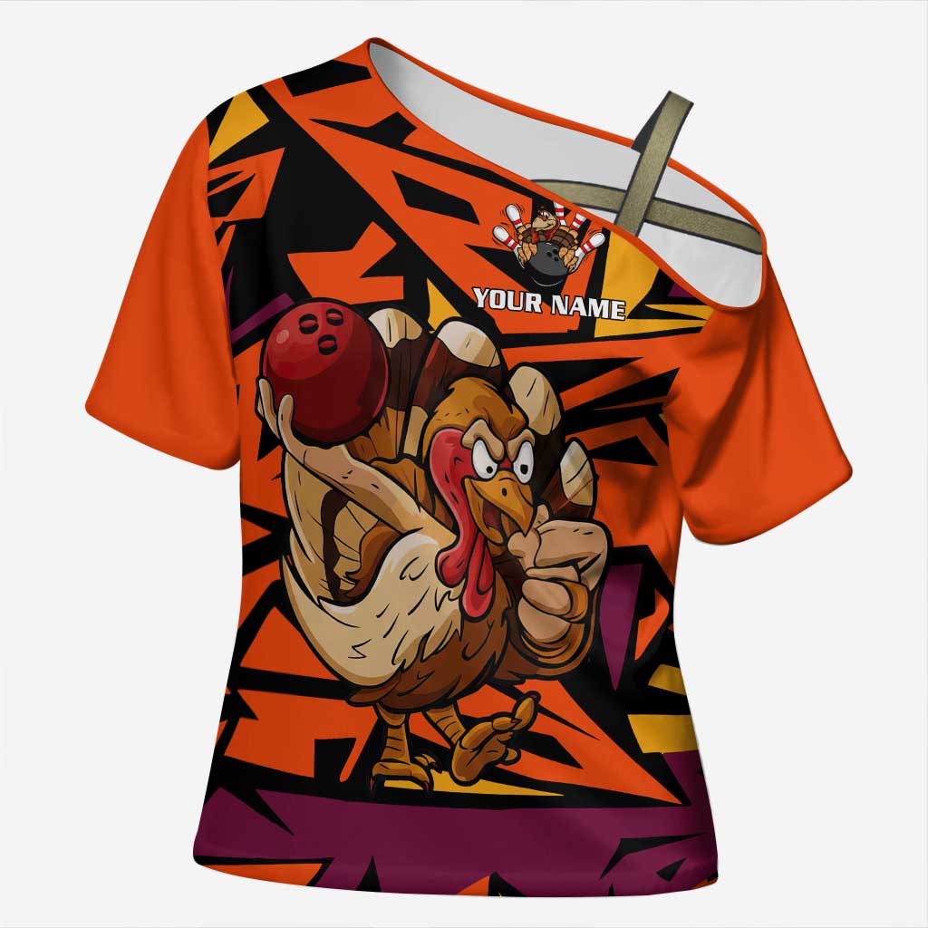 Custom Turkey Bowling Cross Shoulder Shirt with Cartoon Turkey Striker and Orange Geometric Pattern - Wonder Print Shop