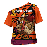 Custom Turkey Bowling Cross Shoulder Shirt with Cartoon Turkey Striker and Orange Geometric Pattern - Wonder Print Shop