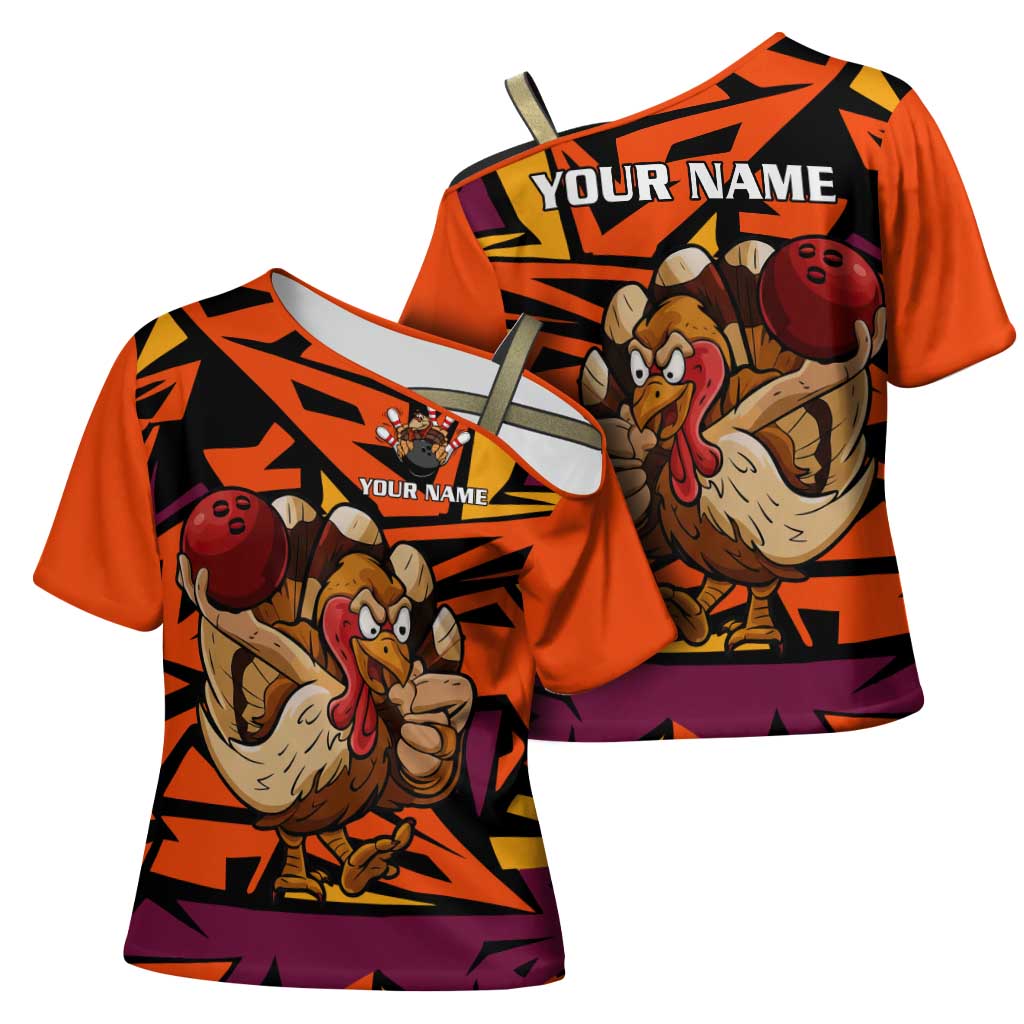 Custom Turkey Bowling Cross Shoulder Shirt with Cartoon Turkey Striker and Orange Geometric Pattern - Wonder Print Shop