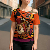 Custom Turkey Bowling Cross Shoulder Shirt with Cartoon Turkey Striker and Orange Geometric Pattern - Wonder Print Shop