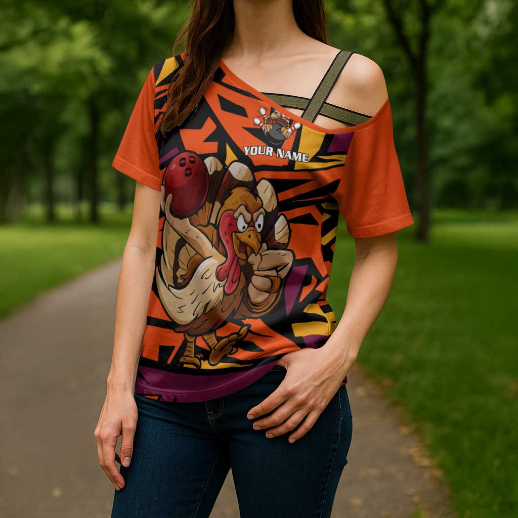 Custom Turkey Bowling Cross Shoulder Shirt with Cartoon Turkey Striker and Orange Geometric Pattern - Wonder Print Shop