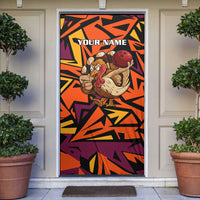 Custom Turkey Bowling Door Cover with Cartoon Turkey Striker and Orange Geometric Pattern - Wonder Print Shop