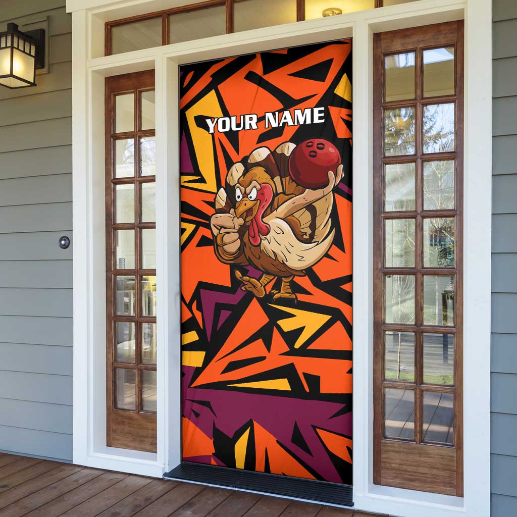 Custom Turkey Bowling Door Cover with Cartoon Turkey Striker and Orange Geometric Pattern - Wonder Print Shop