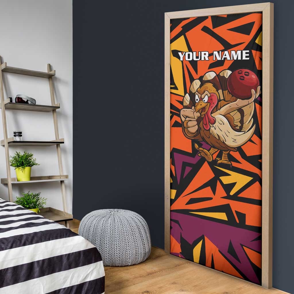 Custom Turkey Bowling Door Cover with Cartoon Turkey Striker and Orange Geometric Pattern - Wonder Print Shop