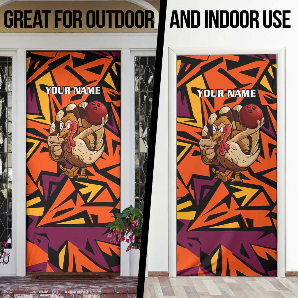Custom Turkey Bowling Door Cover with Cartoon Turkey Striker and Orange Geometric Pattern - Wonder Print Shop