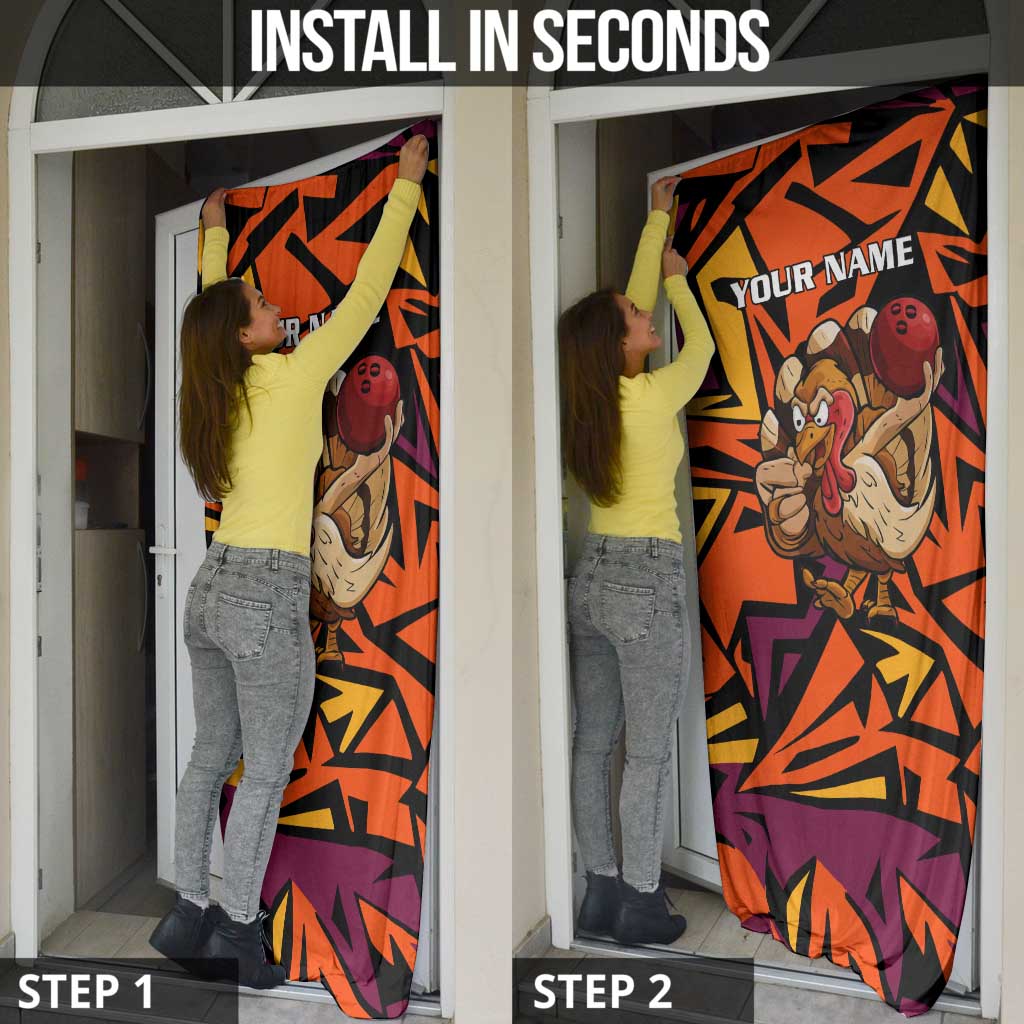 Custom Turkey Bowling Door Cover with Cartoon Turkey Striker and Orange Geometric Pattern - Wonder Print Shop