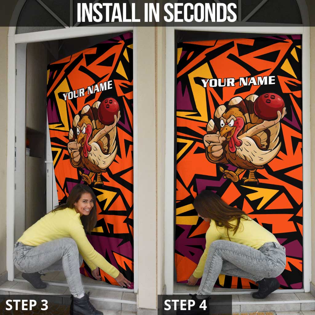 Custom Turkey Bowling Door Cover with Cartoon Turkey Striker and Orange Geometric Pattern - Wonder Print Shop