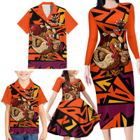 Custom Turkey Bowling Family Matching Long Sleeve Bodycon Dress and Hawaiian Shirt with Cartoon Turkey Striker and Orange Geometric Pattern - Wonder Print Shop
