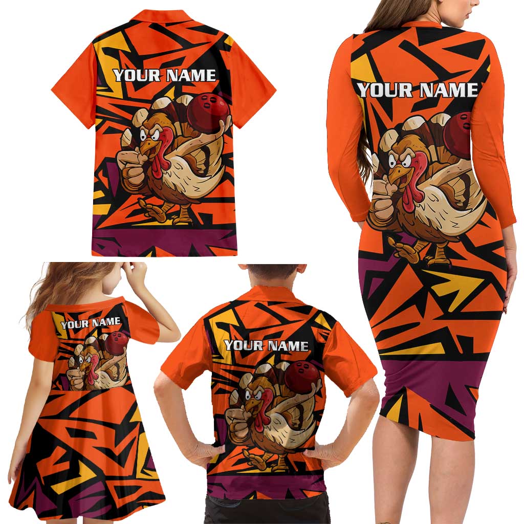 Custom Turkey Bowling Family Matching Long Sleeve Bodycon Dress and Hawaiian Shirt with Cartoon Turkey Striker and Orange Geometric Pattern - Wonder Print Shop