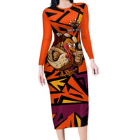 Custom Turkey Bowling Family Matching Long Sleeve Bodycon Dress and Hawaiian Shirt with Cartoon Turkey Striker and Orange Geometric Pattern - Wonder Print Shop