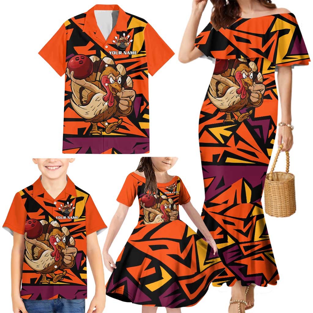 Custom Turkey Bowling Family Matching Mermaid Dress and Hawaiian Shirt with Cartoon Turkey Striker and Orange Geometric Pattern - Wonder Print Shop