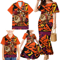 Custom Turkey Bowling Family Matching Mermaid Dress and Hawaiian Shirt with Cartoon Turkey Striker and Orange Geometric Pattern - Wonder Print Shop