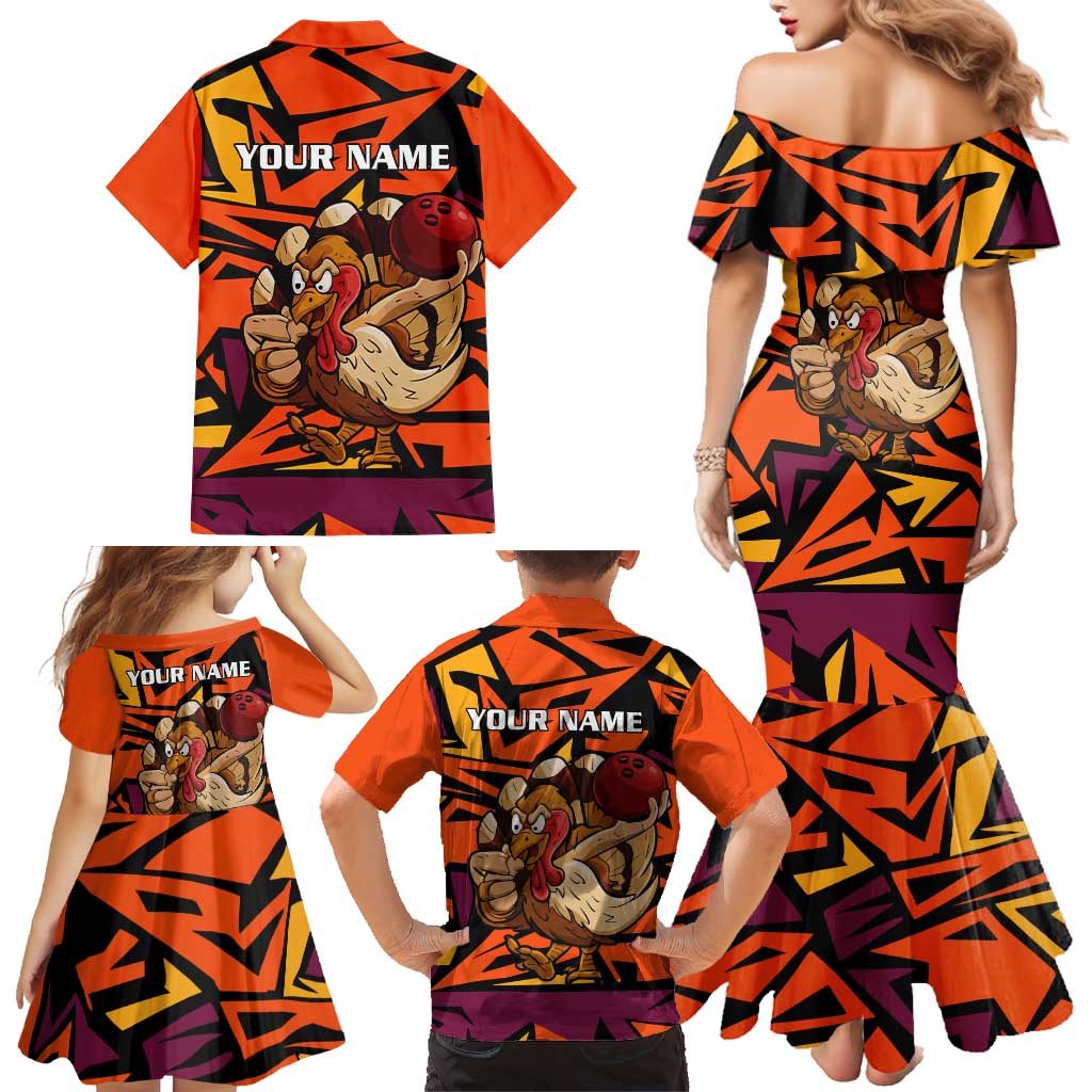 Custom Turkey Bowling Family Matching Mermaid Dress and Hawaiian Shirt with Cartoon Turkey Striker and Orange Geometric Pattern - Wonder Print Shop