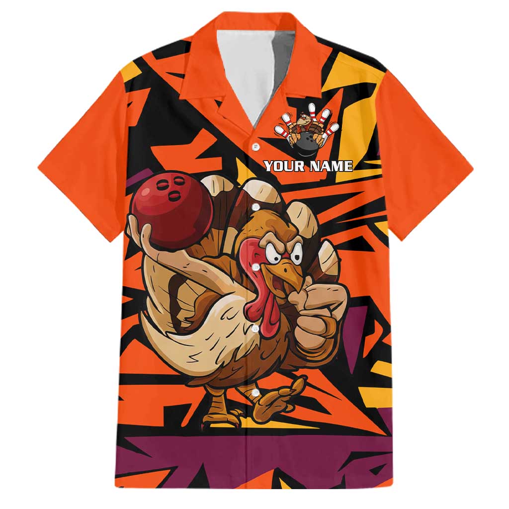 Custom Turkey Bowling Family Matching Mermaid Dress and Hawaiian Shirt with Cartoon Turkey Striker and Orange Geometric Pattern - Wonder Print Shop