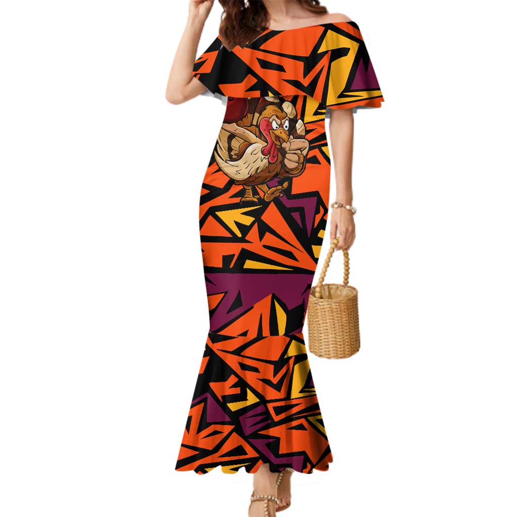 Custom Turkey Bowling Family Matching Mermaid Dress and Hawaiian Shirt with Cartoon Turkey Striker and Orange Geometric Pattern - Wonder Print Shop